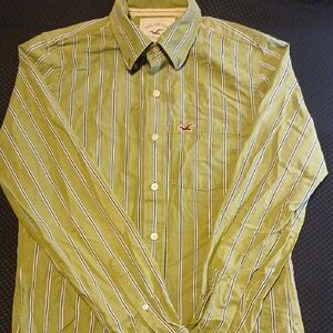 Hollister Small Men's Olive Striped Button Down Long Sleeve Shirt B19